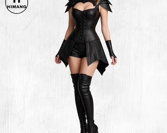 Black Leather Corset Costume for Women | Gothic Warrior Outfit | Fetish Fantasy Armor Look | Cosplay Festival Wear