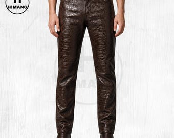 Men's Brown Embossed Leather Pants | Crocodile-Style Cowhide Slim Fit Trousers