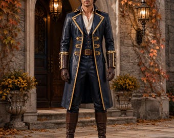 Men’s Leather Naval Captain Costume, Navy Officer Coat Vest & Pants, Halloween LARP Outfit