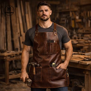 Può includere: Grembiule in pelle marrone con più tasche e finiture in ottone. Il grembiule ha una tasca sul petto con attrezzi e due tasche inferiori. Un martello e un metro a nastro sono visibili. Progettato per la lavorazione del legno.