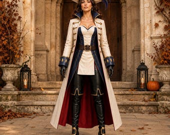 Women’s Leather Pirate Captain Costume, Ivory Long Coat & Corset, Renaissance Halloween Outfit