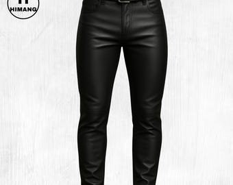Men's Genuine Leather Slim Fit Biker Pants – Black Trousers, High Waist Jeans