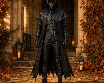 Men’s Black Leather Plague Doctor Costume, Gothic Coat Vest Pants Set for Halloween LARP