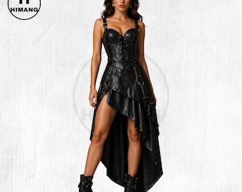 Black Leather Corset Dress | Gothic Asymmetrical High-Low Skirt Costume