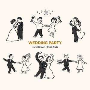Puede incluir: Una colección de ilustraciones dibujadas a mano que representan escenas de fiesta de bodas. Las parejas bailan, brindan con copas de vino y se abrazan. El texto "WEDDING PARTY" se muestra en negrita, con "Hand Drawn | PNG, SVG" debajo.