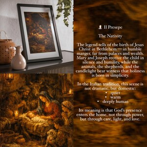 Op de afbeelding: Ingelijste kunstdruk van de Geboorte, met Maria, Jozef en het kindje Jezus in een kribbe. Het kunstwerk gebruikt een donker, warm kleurenpalet, met de tekst "II Presepe The Nativity".