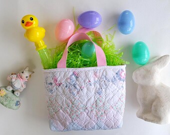 Vintage Quilt Blue and Pink Easter Bag/Basket for Kids. Little Totes. Child-friendly Accessory