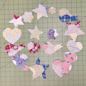 12 Vintage Quilt Grandmother Flower Prarie Cutouts, Hearts, Birds, Flowers, Stars, Upcycled Patches