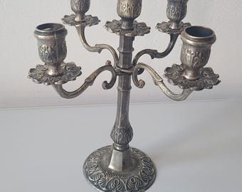 Vintage 5-Arm Candelabra | Ornate Metal Candle Holder | Antique Style Candlestick | Gothic Home Decor | Table Centerpiece | Silver Tone