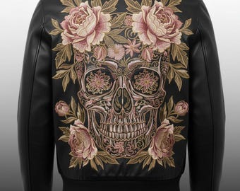 Chaqueta bomber de cuero con calavera floral para hombre, color negro / Chaqueta gótica con esqueleto y rosa / Chaqueta con estampado de estilo tatuaje para hombre