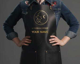 Personalized Black Leather Apron, Mixologist Gift, X-Back Straps