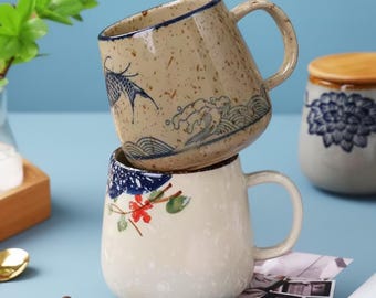 Japanischer Koi-Fisch-Kaffeebecher, 380 ml, Vintage-Keramik, gesprenkelt, blaue Wellenmuster-Teetasse, Retro-Frühstücksbecher, handglasiert, Geschenk für Teeliebhaber