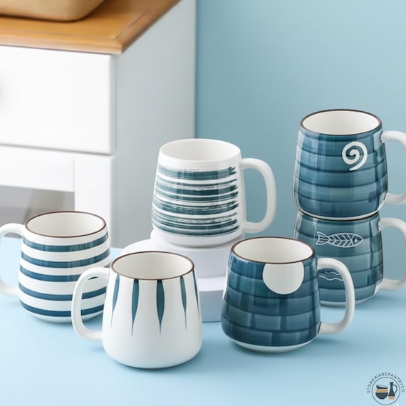 Japanese Hand Painted Ceramic Mug 500ML With Spoon Breakfast Coffee Tea Cup  For Office Home Kitchen Water Drinkware Gifing Stoneware