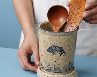 Soporte grande de cerámica japonesa para palillos – Caja organizadora de utensilios de pared para cucharas y cubiertos, decoración de cocina hecha a mano