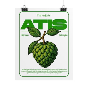 May include: A white poster with a green border features the word "ATIS" in large green letters. Below, a detailed illustration of a green sugar apple with leaves is displayed. Text at the bottom describes the fruit's origin and qualities.