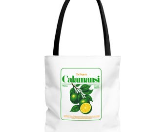 Calamansi Citrus Label Tote Bag | Tropical Fruit Illustration, Yellow Green Print