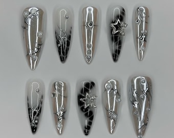 Handmade Abstract Silver Press On Nails, Star Accents, Metallic Nail Art, Edgy Lines Nail Design, Unique Almond Nails For Modern Looks