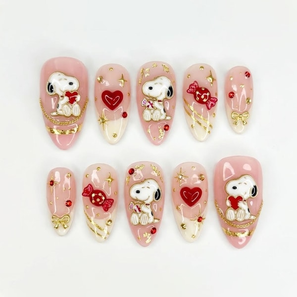 Handmade Pink Sno.opy Press On Nails, Heart- Bow & Candy Nail Art, Cherry Blossom Nails For Valentine’s Day Vibes
