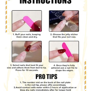 K&ouml;nnte beinhalten: Anleitung zum Auftragen von Kunstn&auml;geln mit Bildern. Die Schritte umfassen das Polieren der N&auml;gel, die Auswahl eines Gel-Aufklebers, die Auswahl der N&auml;gel und das Formen der Kanten. Zus&auml;tzliche Tipps sind ebenfalls enthalten.