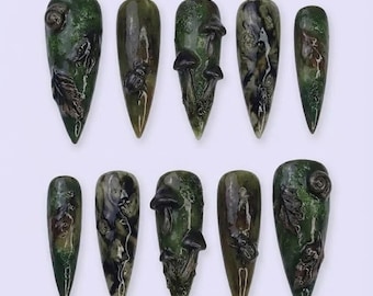 Handmade Nature-Inspired Press On Nails, 3D Mushrooms - Snails & Green Forest Vibes, Artistic Almond Nails