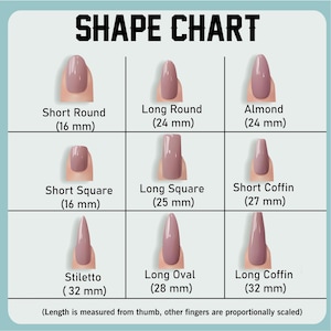 K&ouml;nnte beinhalten: Eine Nagelschart mit neun verschiedenen Nagelformen: Short Round (16 mm), Long Round (24 mm), Almond (24 mm), Short Square (16 mm), Long Square (25 mm), Short Coffin (27 mm), Stiletto (32 mm), Long Oval (28 mm) und Long Coffin (32 mm).