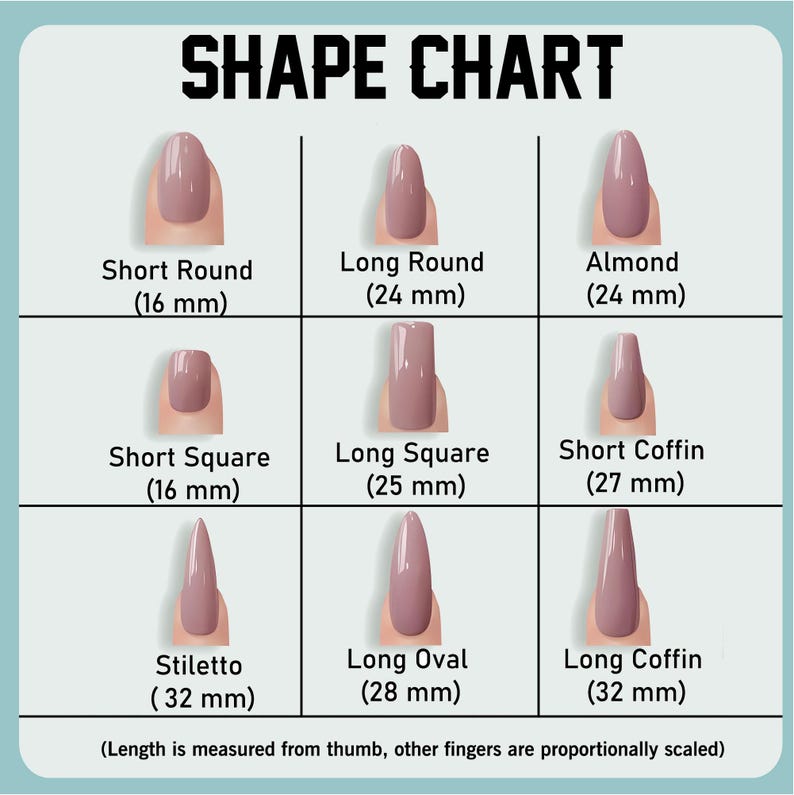 K&ouml;nnte beinhalten: Eine Nagelschart mit neun verschiedenen Nagelformen: Short Round (16 mm), Long Round (24 mm), Almond (24 mm), Short Square (16 mm), Long Square (25 mm), Short Coffin (27 mm), Stiletto (32 mm), Long Oval (28 mm) und Long Coffin (32 mm).
