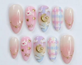 Handmade Pastel Love Press On Nails, Stars & Moon Nail Set, Cute Letter Art, Almond Nails For Sweet Kawaii Vibes