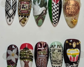 Handmade Palestine Heritage Press On Nails | Olive Tree & Dove Design | Cultural Art Statement Nail Set