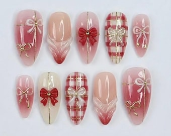 Handmade Red & Pink Press On Nails, 3D Bow- Plaid Patterns and Elegant Gold Accents, Almond Shape for Sweet Valentine Vibes