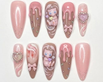 Handmade Poke.mon Valentine Press On Nails, Pink Chocolate Drip Nail Set, Heart & Bow Art, Kawaii Almond Nails