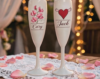 Personalized Flower & Name Wedding Champagne Flute, Custom Logo White Birthday Champagne Glass,Plastic Shatter Proof Cup for Her