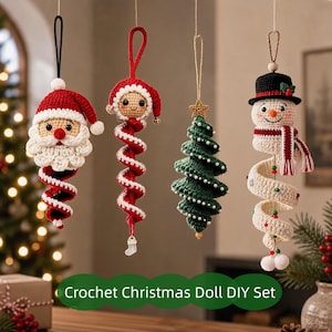 May include: Four hanging crochet Christmas ornaments featuring a Santa Claus, a small doll in a red hat, a green spiral Christmas tree with white beads, and a snowman with a black hat and red scarf. Each ornament has a string for hanging.