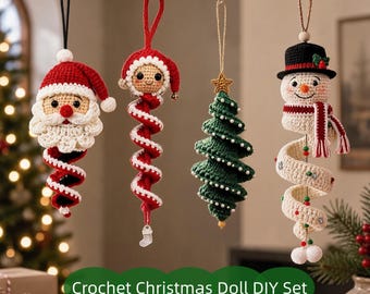 Handmade Crochet Spiral Christmas Ornaments, DIY Knitted Hanging Decor, Santa Snowman Tree Elf, Beginner Friendly Craft Kit Holiday Gift