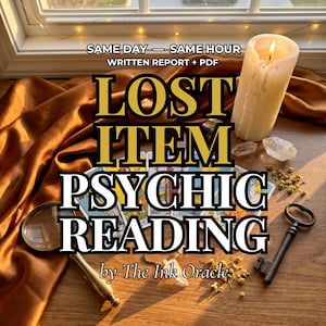 May include: An image featuring a lit candle, tarot cards, a magnifying glass, and a vintage key. The text reads "LOST ITEM PSYCHIC READING" with additional text indicating same-day service and a written report.