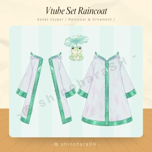 May include: A digital illustration of a Vtube Set Raincoat featuring a translucent white hooded raincoat with green trim and buttons, shown from side and front views. A small green frog character holding a large green lily pad leaf is included.