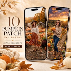May include: A digital product listing for 10 pumpkin patch wallpapers in 2K PNG format at 1536 x 2752 px. The image displays two smartphones showing photos of individuals in a pumpkin patch, surrounded by autumn leaves and pumpkins.