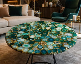 Handmade Green Agate Round Coffee Table with Black Metal Base, Natural Stone Living Room Table