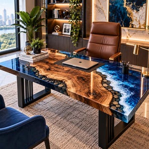 May include: A rectangular desk featuring a live-edge wood slab center with natural wood grain and circular wood inlays, flanked by deep blue resin sections with white wave-like patterns. The desk has a glossy finish and black metal legs.