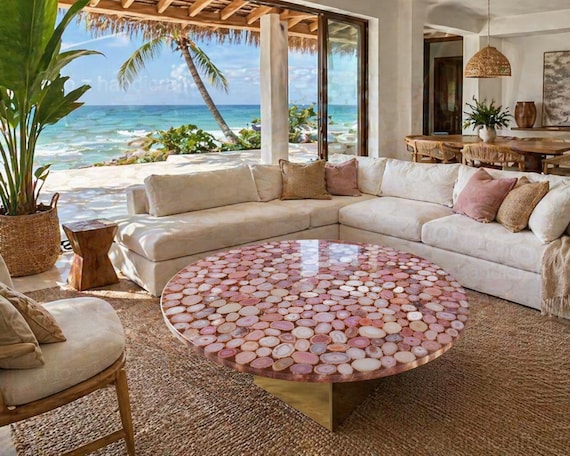 Pink Agate Coffee Table, Luxury Round Gemstone Center Table, Coastal Living Room Furniture, Handmade Statement Decor