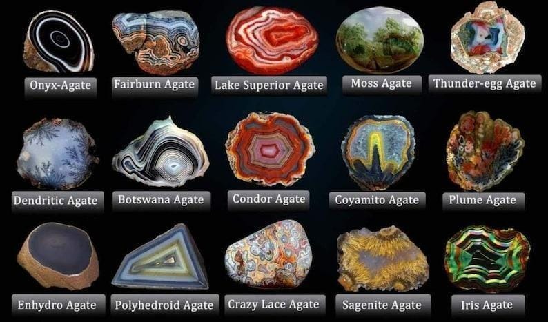 May include: A collection of various agate stones, each with unique patterns and colors. The image displays Onyx, Fairburn, Lake Superior, Moss, and Thunder-egg agates, among others. The stones are displayed on a black background.