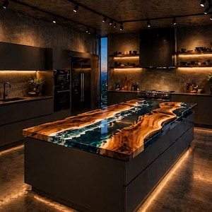 Könnte beinhalten: Eine moderne Küche mit dunklen Schränken und einer großen Insel. Die Insel verfügt über eine einzigartige Arbeitsplatte aus Holz und Epoxidharz mit einem flussartigen Design. Warme Beleuchtung hebt die Texturen und Farben hervor.