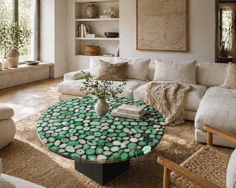 Green Agate Coffee Table, Luxury Round Gemstone Center Table, Modern Living Room Statement Furniture, Handmade Designer Decor