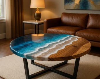 Mesa de centro de resina epoxi con diseño de olas de playa, hecha a mano – Mesa redonda de madera y resina con temática marina – Muebles de estilo costero para sala de estar