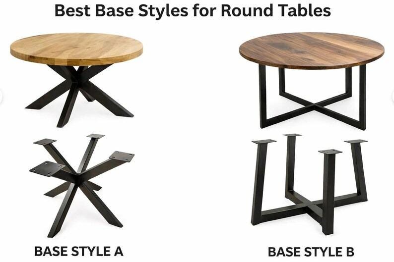 May include: Image showcasing round tables with different base styles. The tables have wooden tops and black metal bases. The text "Best Base Styles for Round Tables" is at the top. Base Style A has a star-shaped base, while Base Style B has a cross-shaped base.