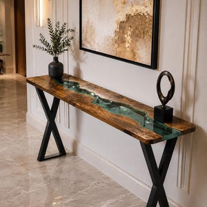 Custom Green Epoxy River Console Table, Handmade Wood Hallway Table, Narrow Entryway Sofa Table With Black Metal X Legs