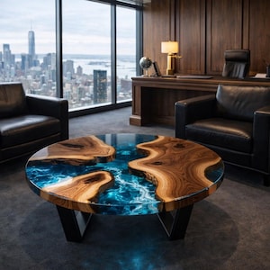 May include: A round coffee table with a unique design. The table features a wooden top with a blue resin center, supported by black legs. Two black leather armchairs are positioned nearby, with a cityscape visible through the window.