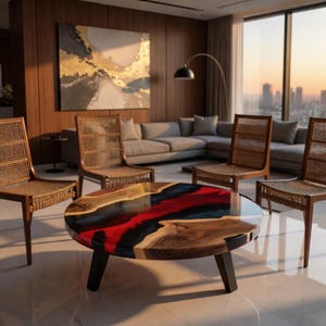 Puede incluir: Un salón moderno con una mesa de centro redonda con tapa de madera y resina en rojo, negro y azul. Cuatro sillas de madera con respaldos de mimbre rodean la mesa. Un gran cuadro y un sofá también son visibles.