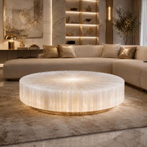 May include: A circular, illuminated coffee table with a textured, white surface and a gold-coloured base. The table is the focal point of a modern living room, with a beige sofa and gold accent cushions in the background.