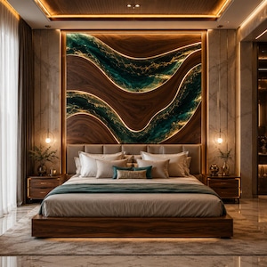 May include: A bedroom featuring a low-profile wooden bed frame with a light-colored mattress and bedding. Behind the bed is a large wall panel with dark wood grain and flowing teal resin accents, illuminated by integrated warm LED strip lighting.
