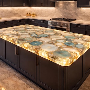 Blue Agate Table Top, Backlit Luxury Dining Table, Semi Precious Stone Slab, Custom Kitchen Island Countertop, Modern Statement Furniture